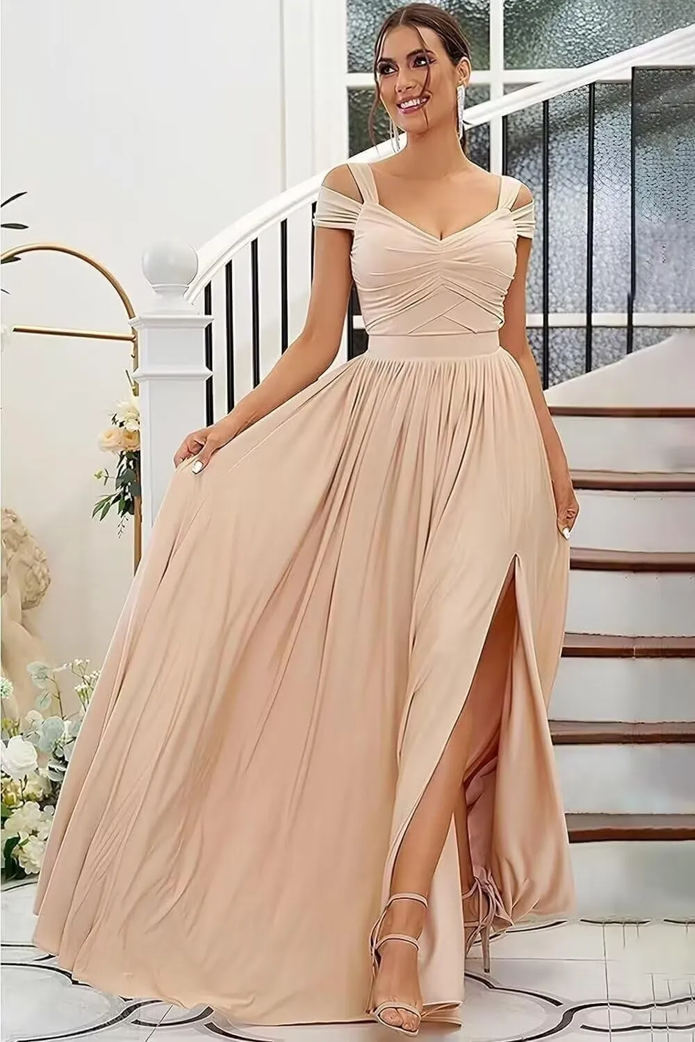 Bridesmaid Dresses with Slit for Women Off Shoulder V Neck Formal Evening Dress Floor Length