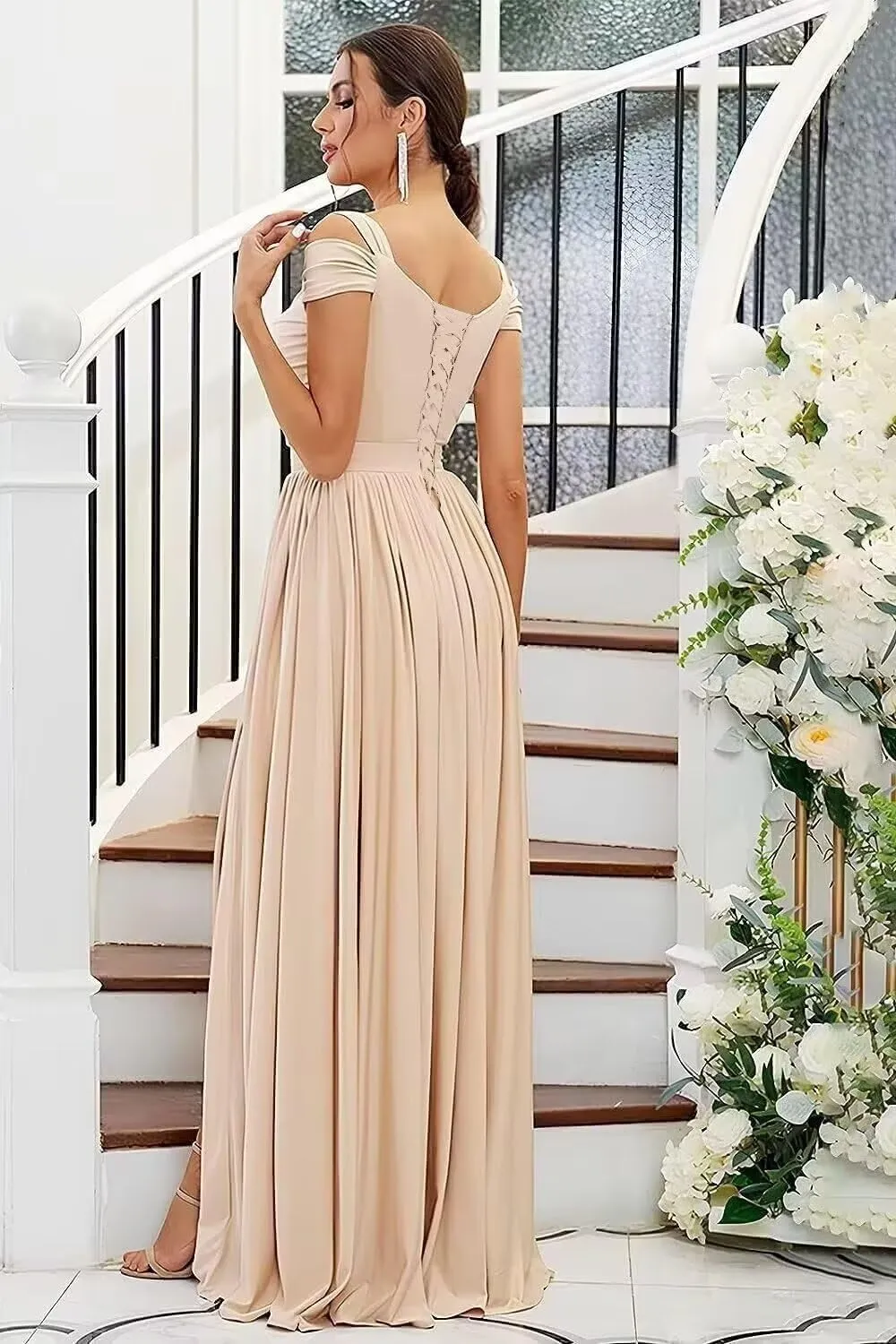 Bridesmaid Dresses with Slit for Women Off Shoulder V Neck Formal Evening Dress Floor Length