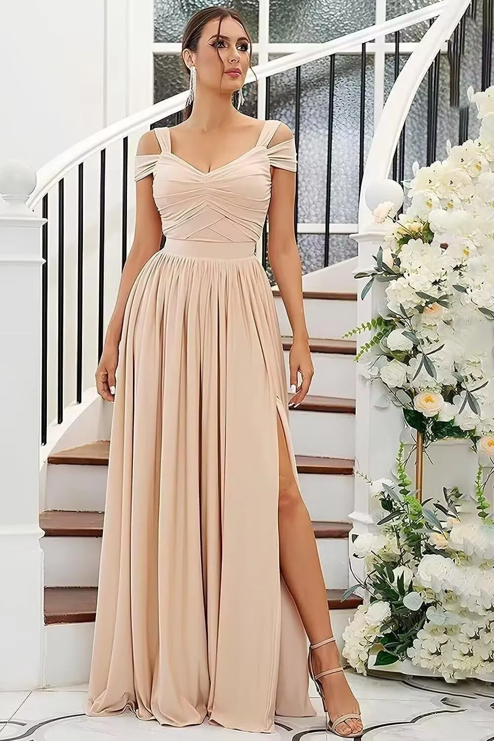 Bridesmaid Dresses with Slit for Women Off Shoulder V Neck Formal Evening Dress Floor Length