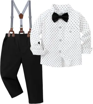 CARETOO Toddler Baby Boy Clothes Suit 5Pcs Gentleman Wedding Outfit Dress Shirt Vest Bow Tie Suspender Pant Formal Set 12M-5T
