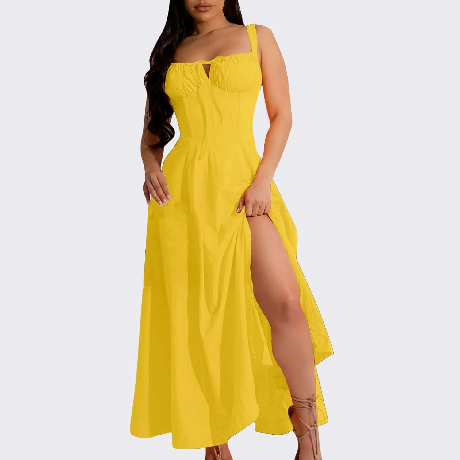 Casual Dresses for Woemn Sleeveless Lace Up Ruched Bodycon Split Tie Square Neck A Line Boho Flowy Maxi Sundress