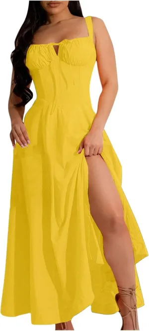 Casual Dresses for Woemn Sleeveless Lace Up Ruched Bodycon Split Tie Square Neck A Line Boho Flowy Maxi Sundress