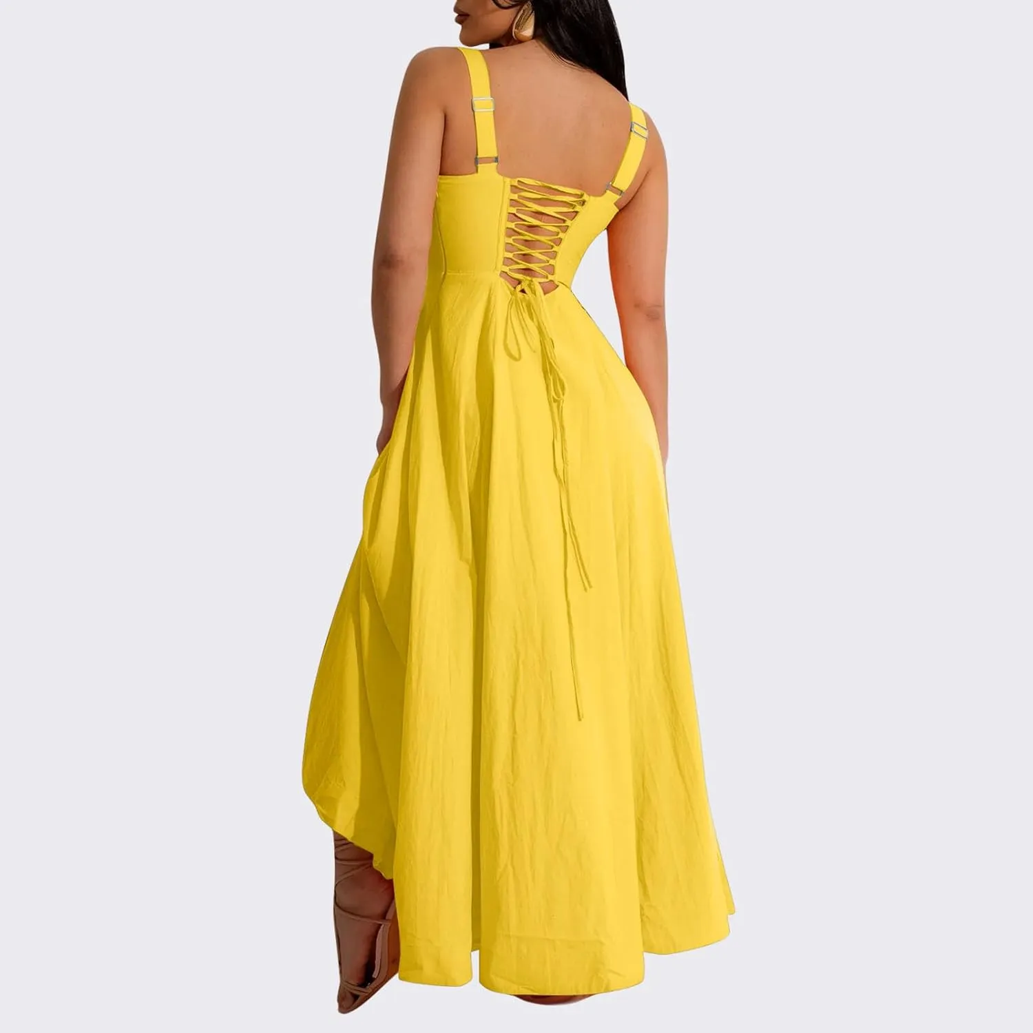 Casual Dresses for Woemn Sleeveless Lace Up Ruched Bodycon Split Tie Square Neck A Line Boho Flowy Maxi Sundress