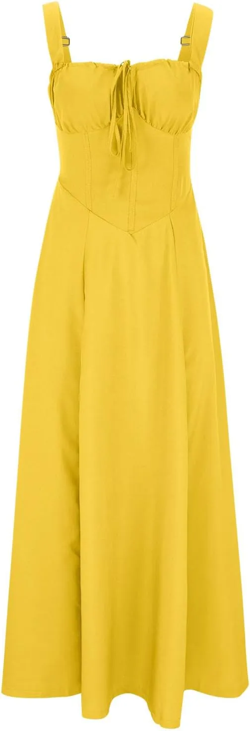 Casual Dresses for Woemn Sleeveless Lace Up Ruched Bodycon Split Tie Square Neck A Line Boho Flowy Maxi Sundress