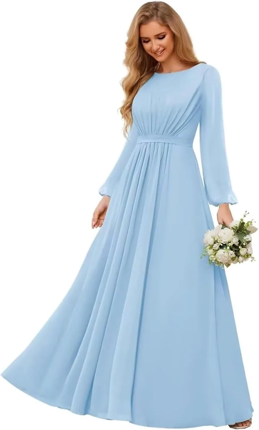 Chiffon Bridesmaid Dresses for Women Scoop Neck Long Sleeve Formal Evening Party Gown