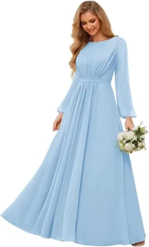 Chiffon Bridesmaid Dresses for Women Scoop Neck Long Sleeve Formal Evening Party Gown