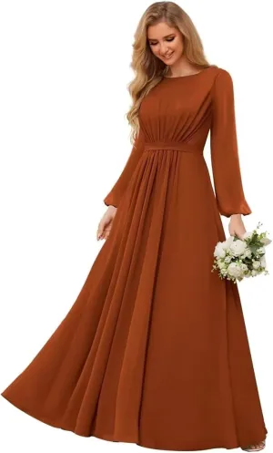Chiffon Bridesmaid Dresses for Women Scoop Neck Long Sleeve Formal Evening Party Gown