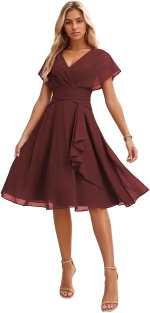 Chiffon Bridesmaid Dresses for Women V Neck Formal Dress with Sleeves Short Evening Party Gown