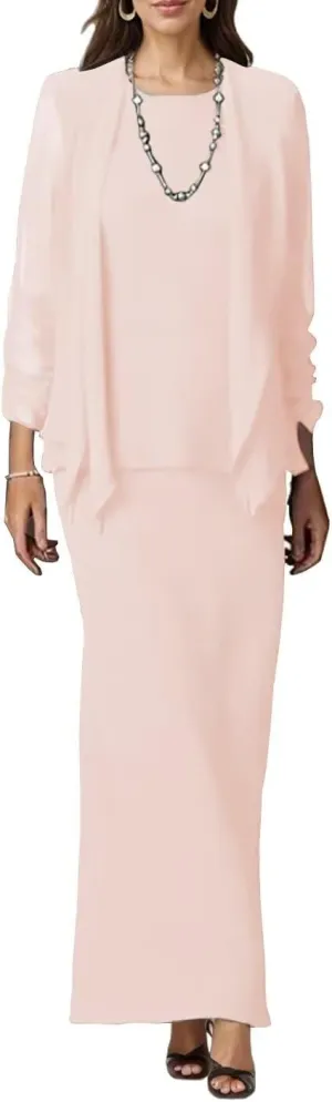 Chiffon Fall Mother of The Bride Dresses for Wedding Long Sleeve Formal Wedding Guest Dress with Jacket