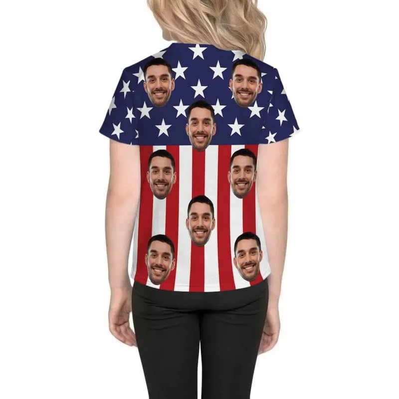 Custom Face American Flag Family Matching T-shirt Put Your Photo on Shirt Unique Design All Over Print T-shirt Gift