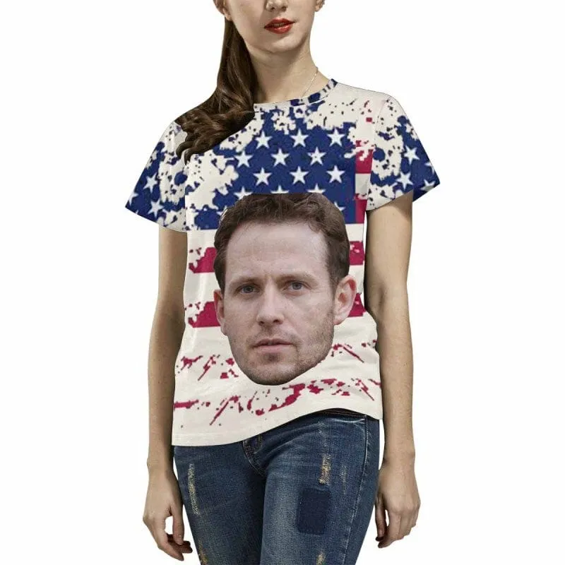 Custom Face American Flag Family Matching T-shirt Put Your Photo on Shirt Unique Design All Over Print T-shirt Gift