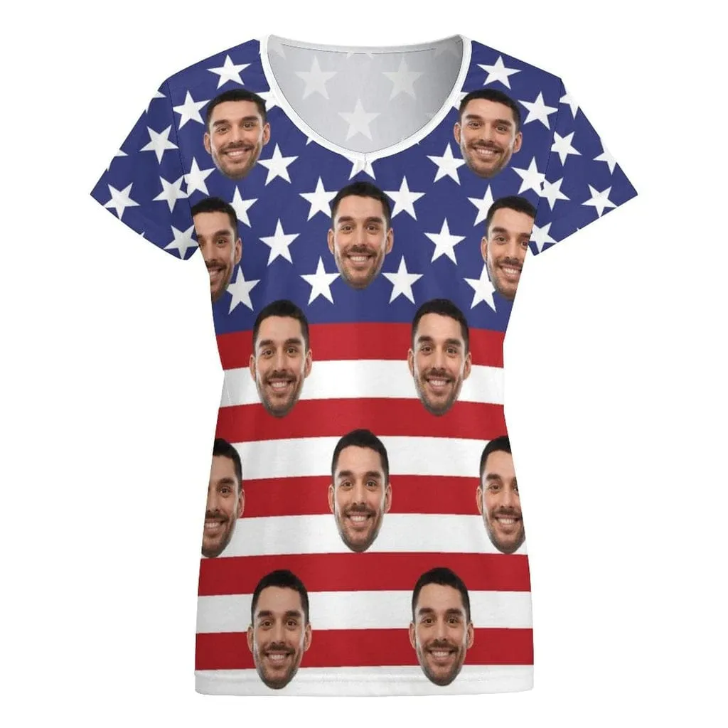 Custom Face American Flag Matching Couple All Over Print T-Shirts Made for Girlfriend Boyfriend