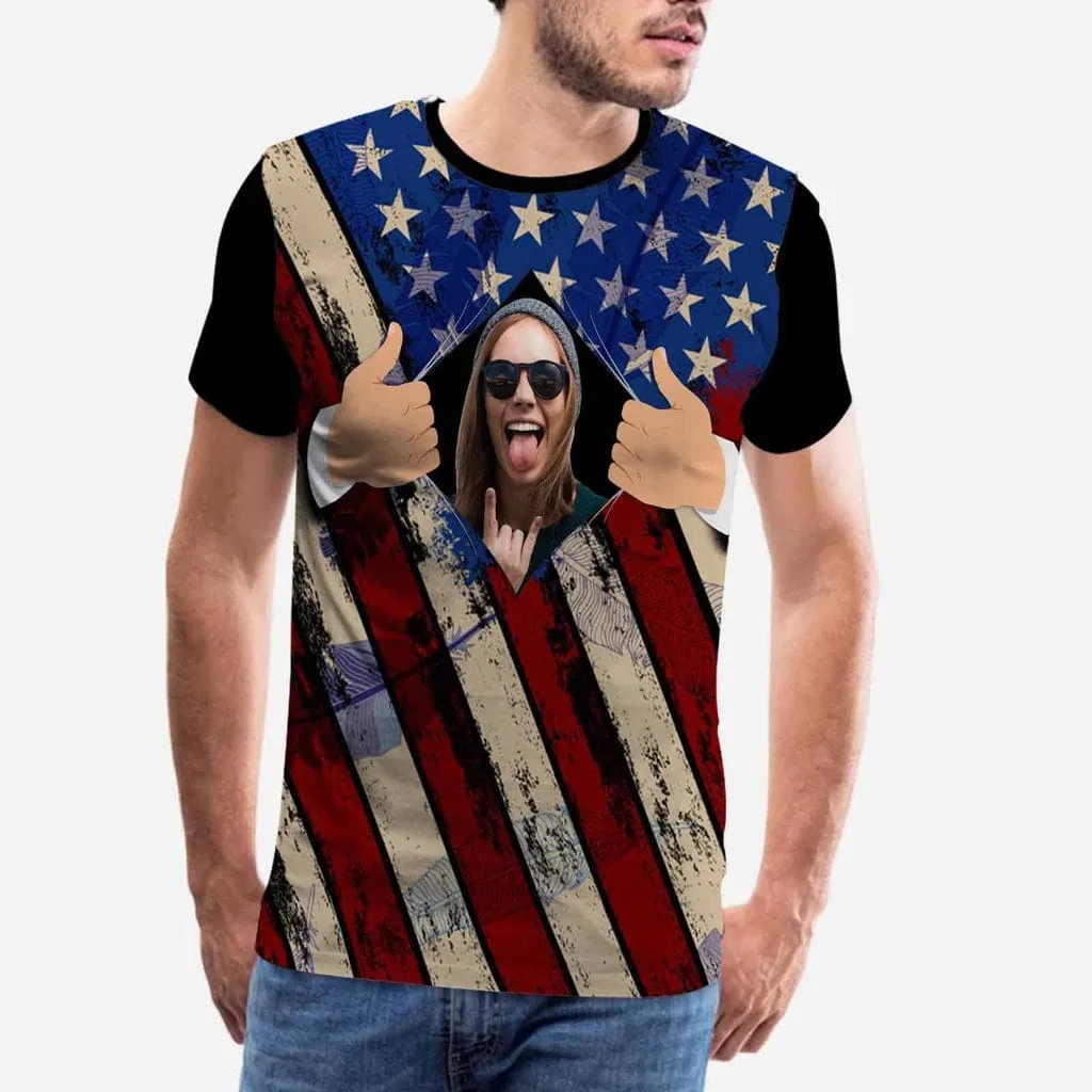 Custom Face American Flag Matching Couple All Over Print T-Shirts Made for Girlfriend Boyfriend