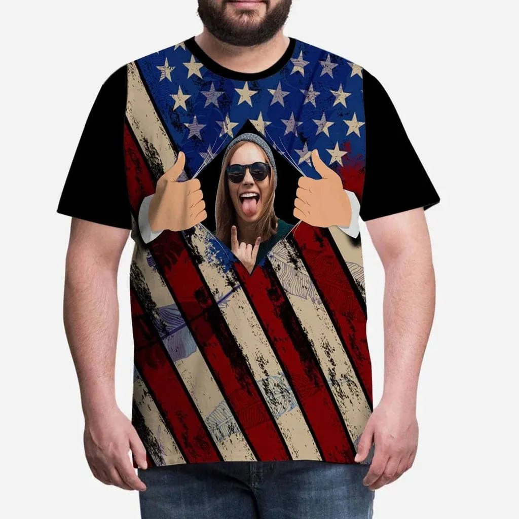 Custom Face American Flag Matching Couple All Over Print T-Shirts Made for Girlfriend Boyfriend