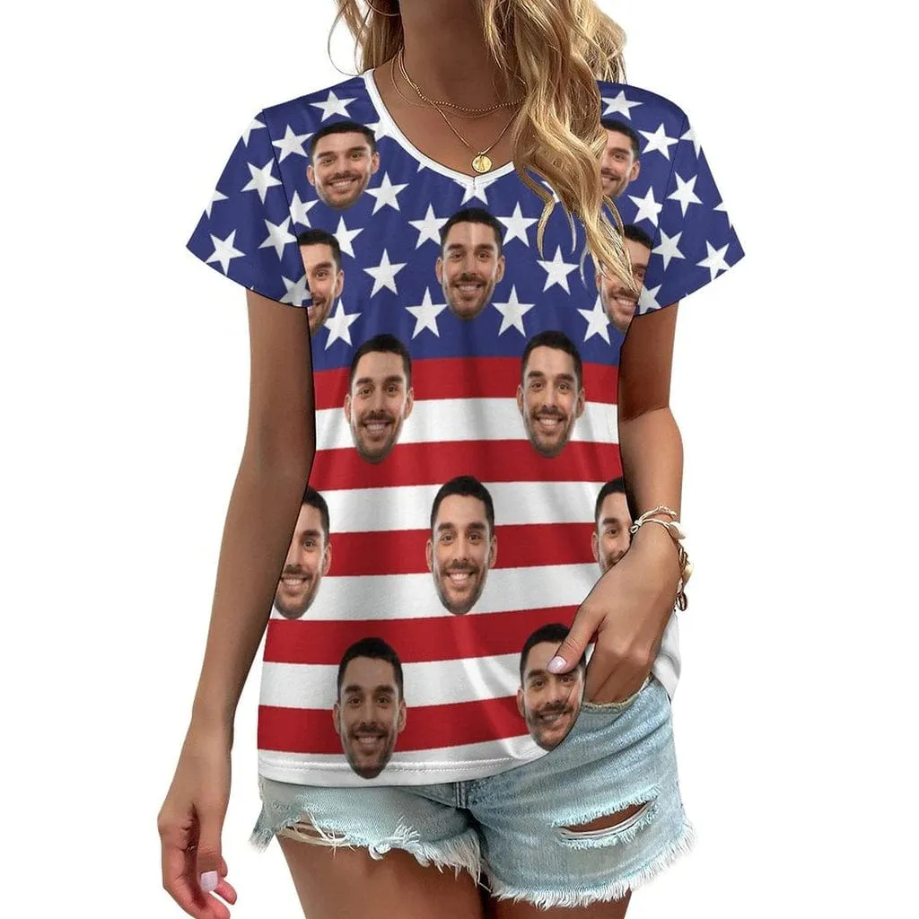 Custom Face American Flag Matching Couple All Over Print T-Shirts Made for Girlfriend Boyfriend