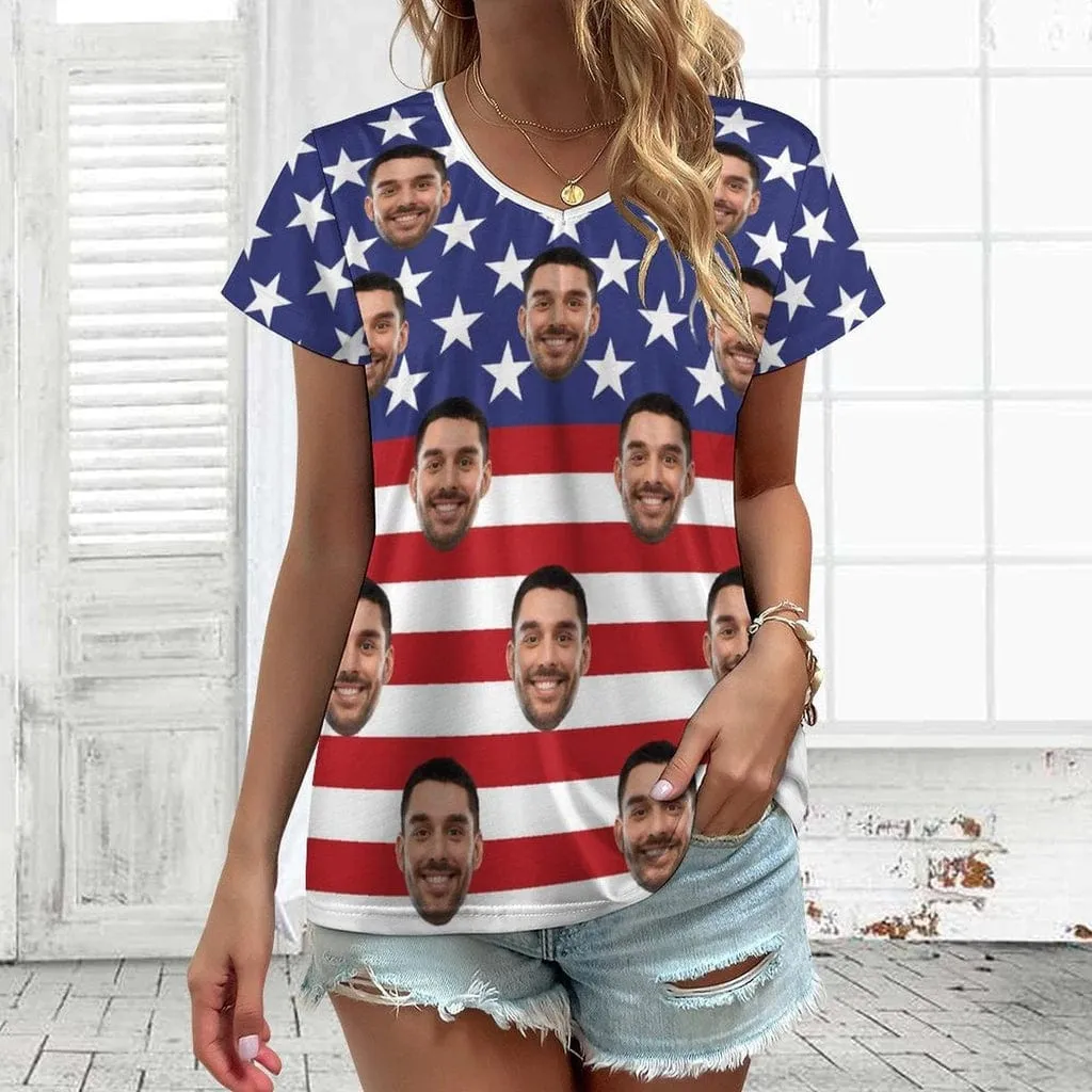 Custom Face American Flag Matching Couple All Over Print T-Shirts Made for Girlfriend Boyfriend