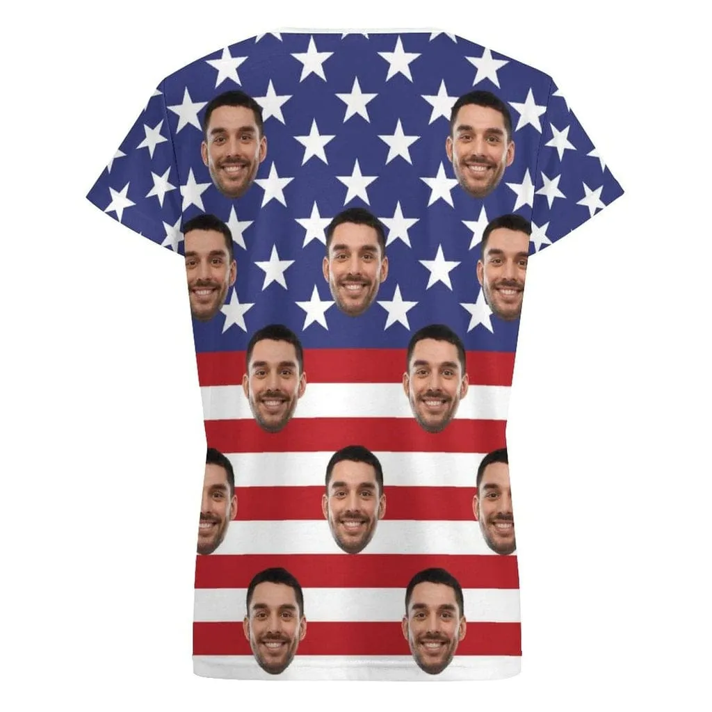 Custom Face American Flag Matching Couple All Over Print T-Shirts Made for Girlfriend Boyfriend