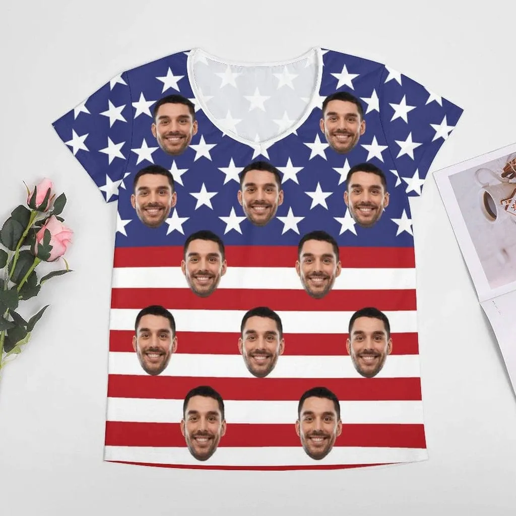 Custom Face American Flag Matching Couple All Over Print T-Shirts Made for Girlfriend Boyfriend
