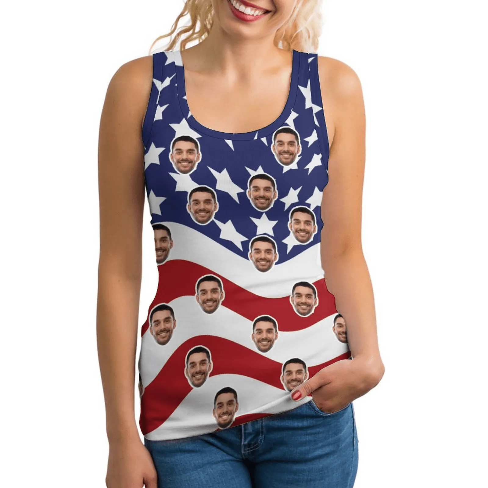 Custom Face USA Flag Matching Couple Tops Design Men's All Over Print Tank Top Women's Racerback Yoga Tank Top