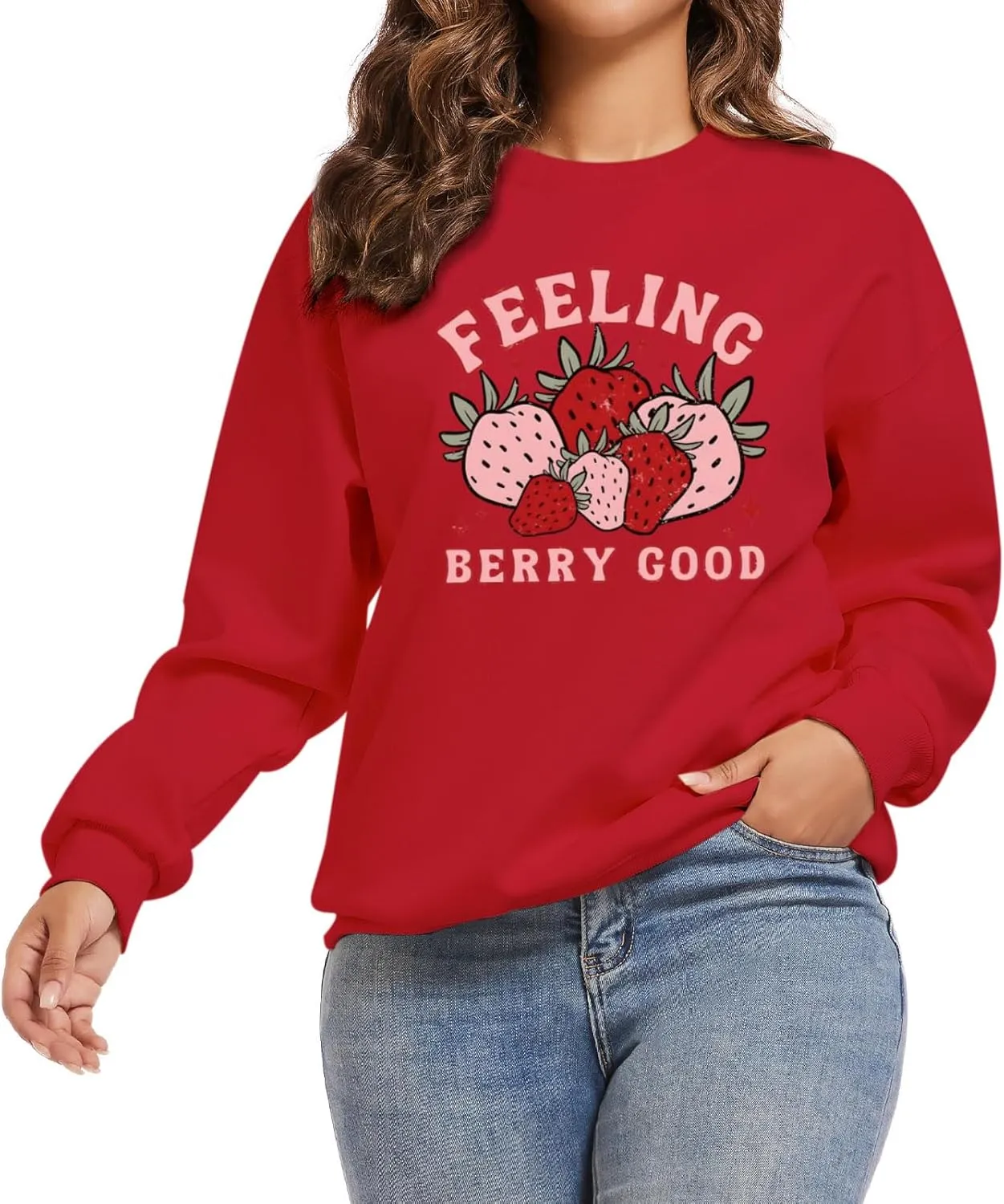 Cute Strawberry Graphic Crewneck Sweatshirts For Women Kawaii Aesthetic Printed Sweatshirt Trendy Long Sleeve Shirt