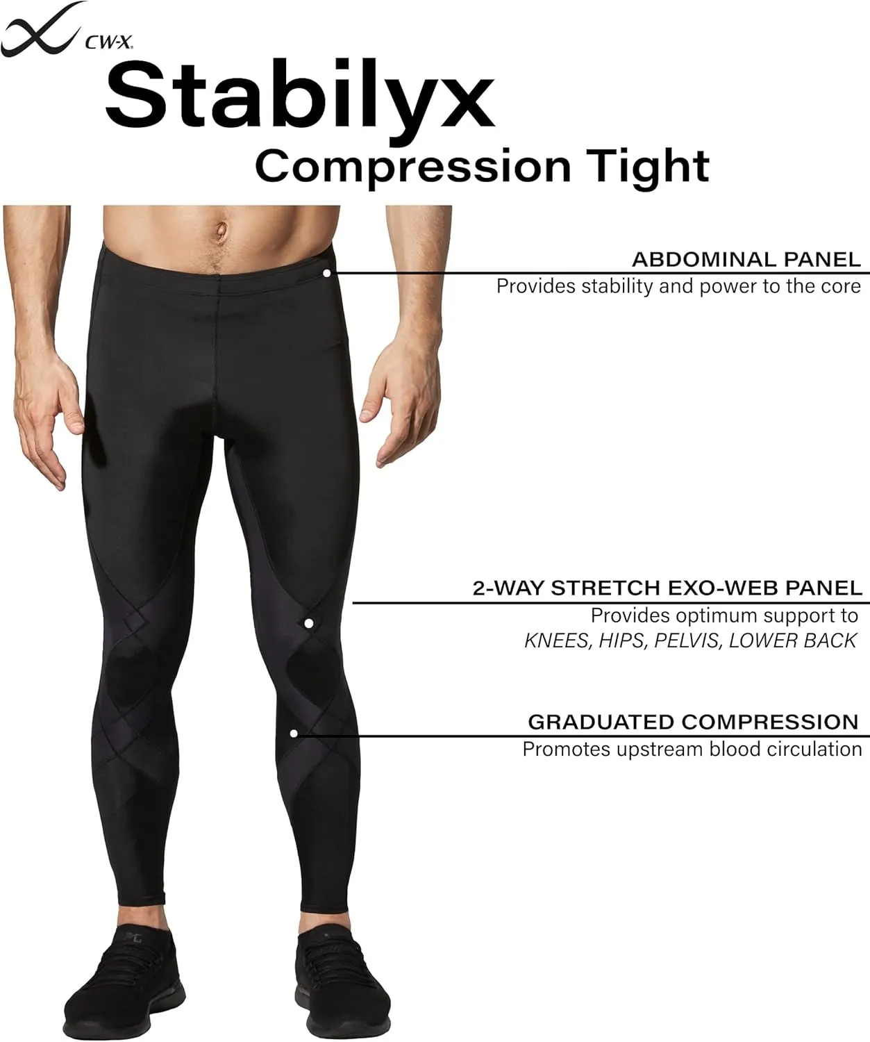 CW-X Men's Stabilyx Joint Support Compression Sports Tights, Pants for Running and Recovery