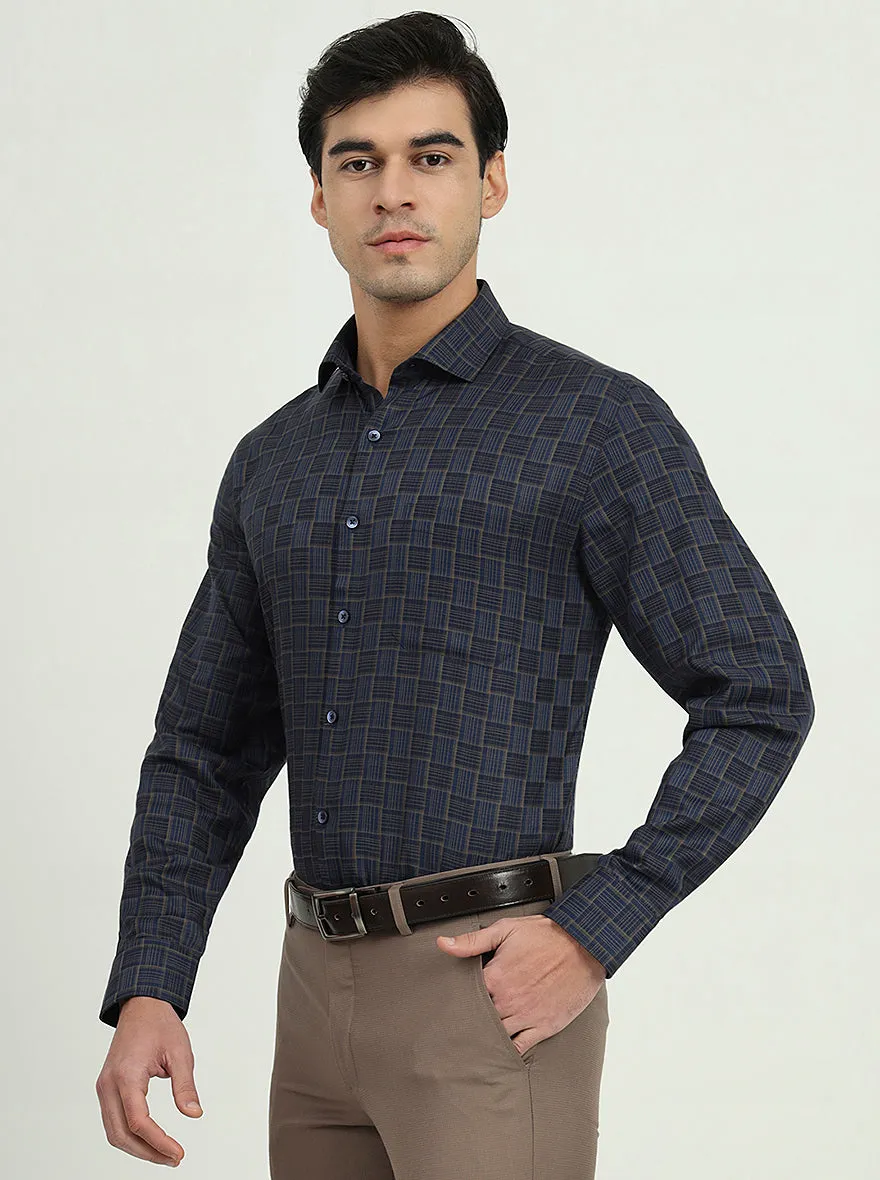 Dark Blue & Olive Checked Regular Fit Formal Shirt | Greenfire