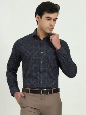 Dark Blue & Olive Checked Regular Fit Formal Shirt | Greenfire