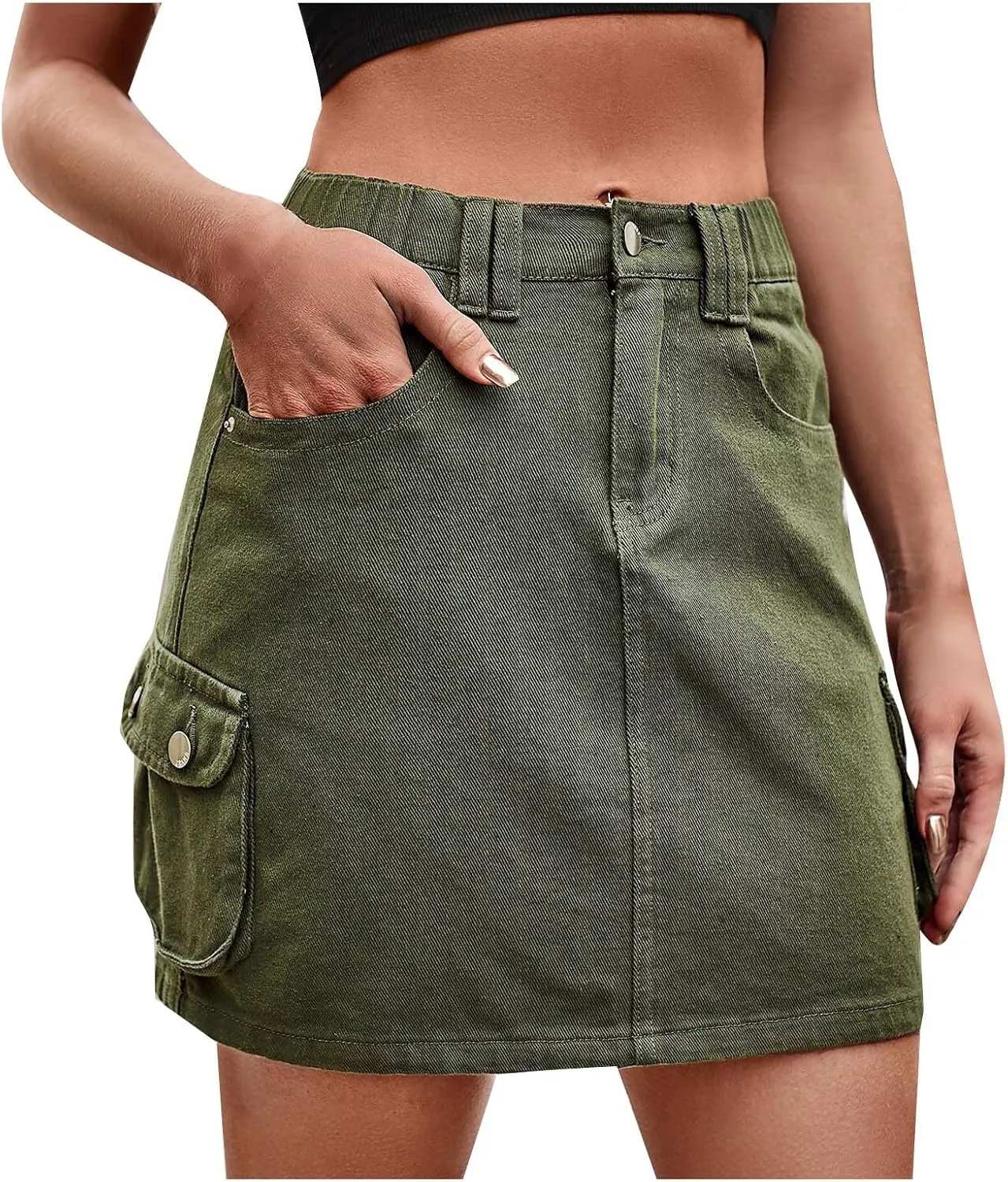 Denim Jean Skirt for Women Causal Elastic Waist Mini Cargo Skirts Summer Low Waist Y2k Cute Denim Skirt with Pockets