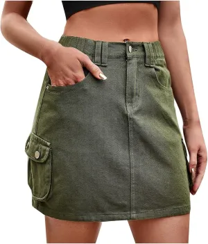 Denim Jean Skirt for Women Causal Elastic Waist Mini Cargo Skirts Summer Low Waist Y2k Cute Denim Skirt with Pockets