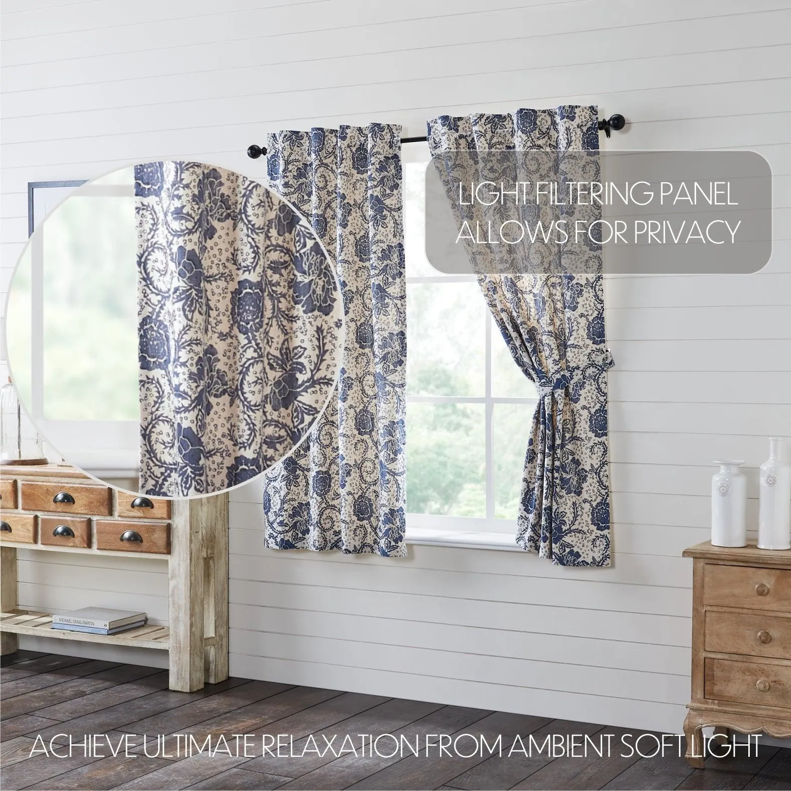 Dorset Navy Floral Short Panel Curtain Set of 2 63x36 VHC Brands