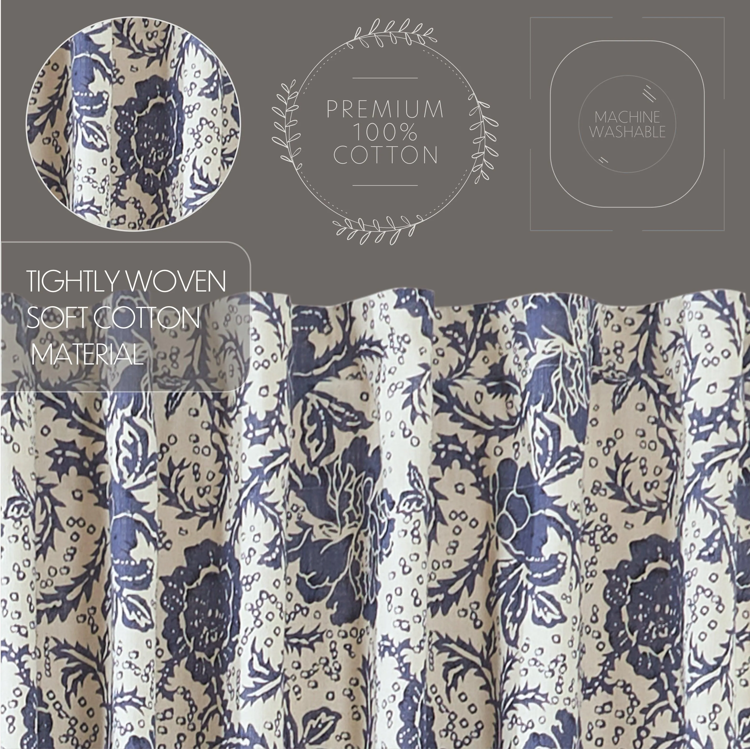 Dorset Navy Floral Short Panel Curtain Set of 2 63x36 VHC Brands