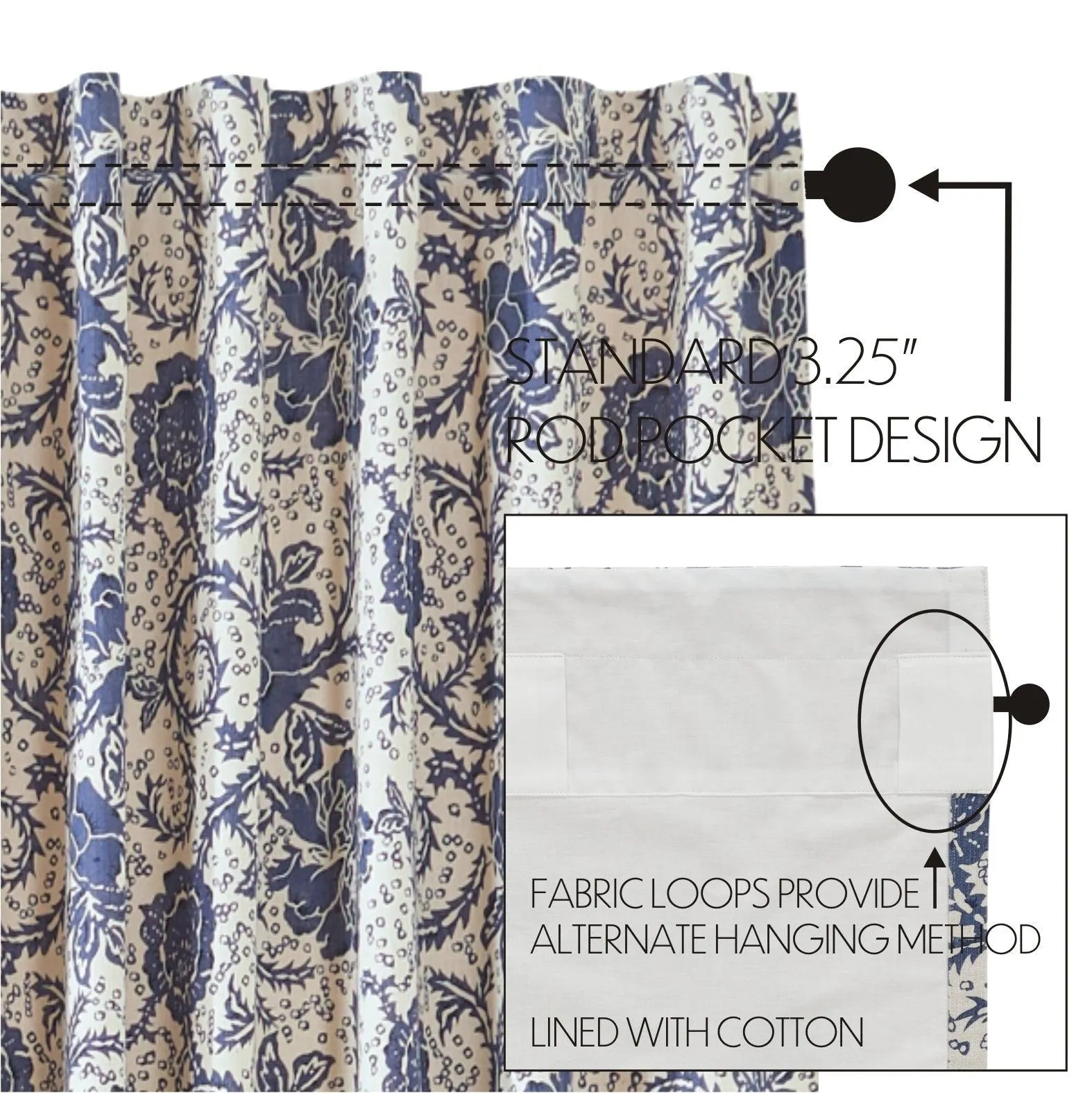 Dorset Navy Floral Short Panel Curtain Set of 2 63x36 VHC Brands