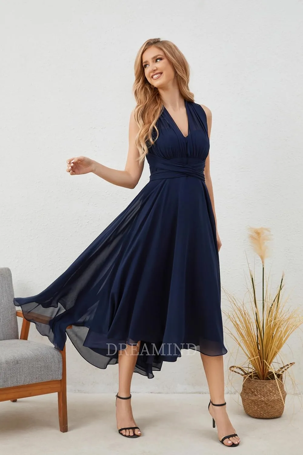 DREAMIND Tea Length Short Mother of The Bride Dresses Convertible Multiway Infinity Wedding Guest Dresses for Women