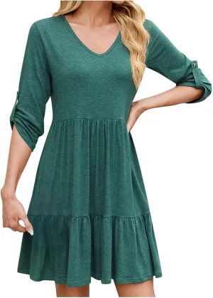 Dresses for Women 2025 Casual Spring Summer Roll Up 3/4 Sleeve V Neck Flowy Tiered Ruffle A Line Swing Mini Tunic Dress