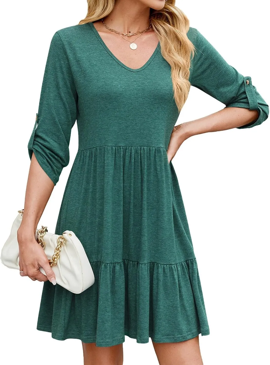 Dresses for Women 2025 Casual Spring Summer Roll Up 3/4 Sleeve V Neck Flowy Tiered Ruffle A Line Swing Mini Tunic Dress