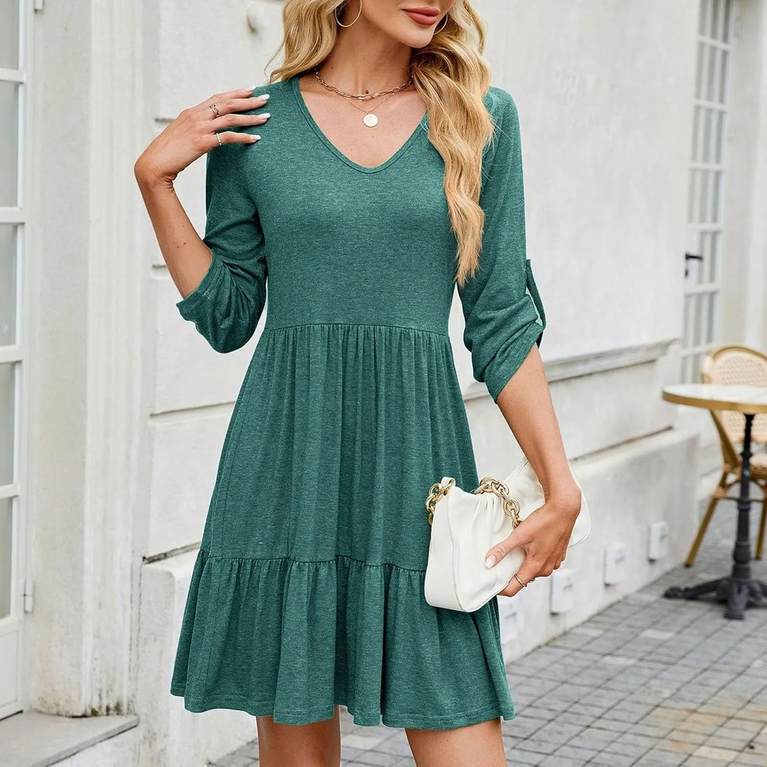 Dresses for Women 2025 Casual Spring Summer Roll Up 3/4 Sleeve V Neck Flowy Tiered Ruffle A Line Swing Mini Tunic Dress