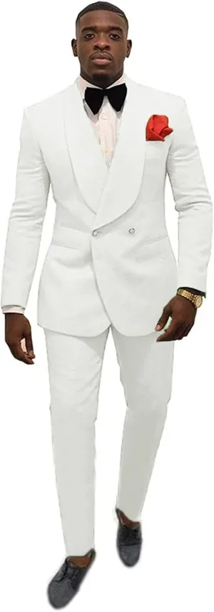 Elegant Double Breasted Suit Men Slim Fit 2 Piece Prom Tuxedo Shawl Lapel Blazer Pant Set JXZ029