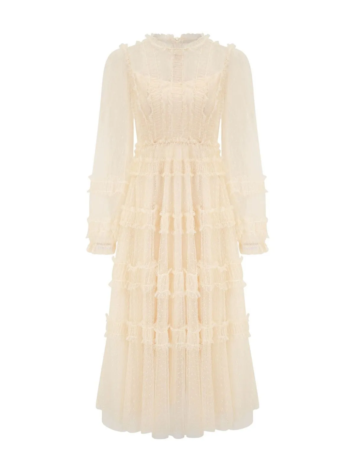 Elegant Long Sleeves Floral Round Neck Apricot Ruffles Long Prom Dress