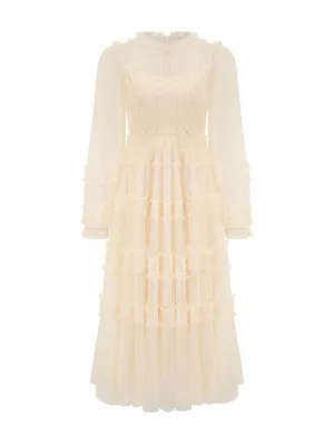 Elegant Long Sleeves Floral Round Neck Apricot Ruffles Long Prom Dress