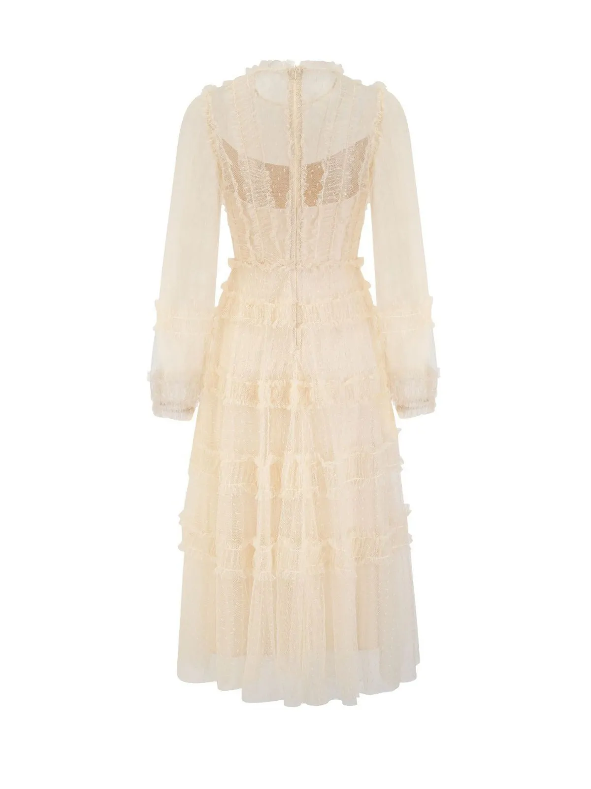 Elegant Long Sleeves Floral Round Neck Apricot Ruffles Long Prom Dress