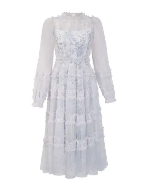 Elegant Long Sleeves Floral Round Neck Grey Ruffles Long Prom Dress