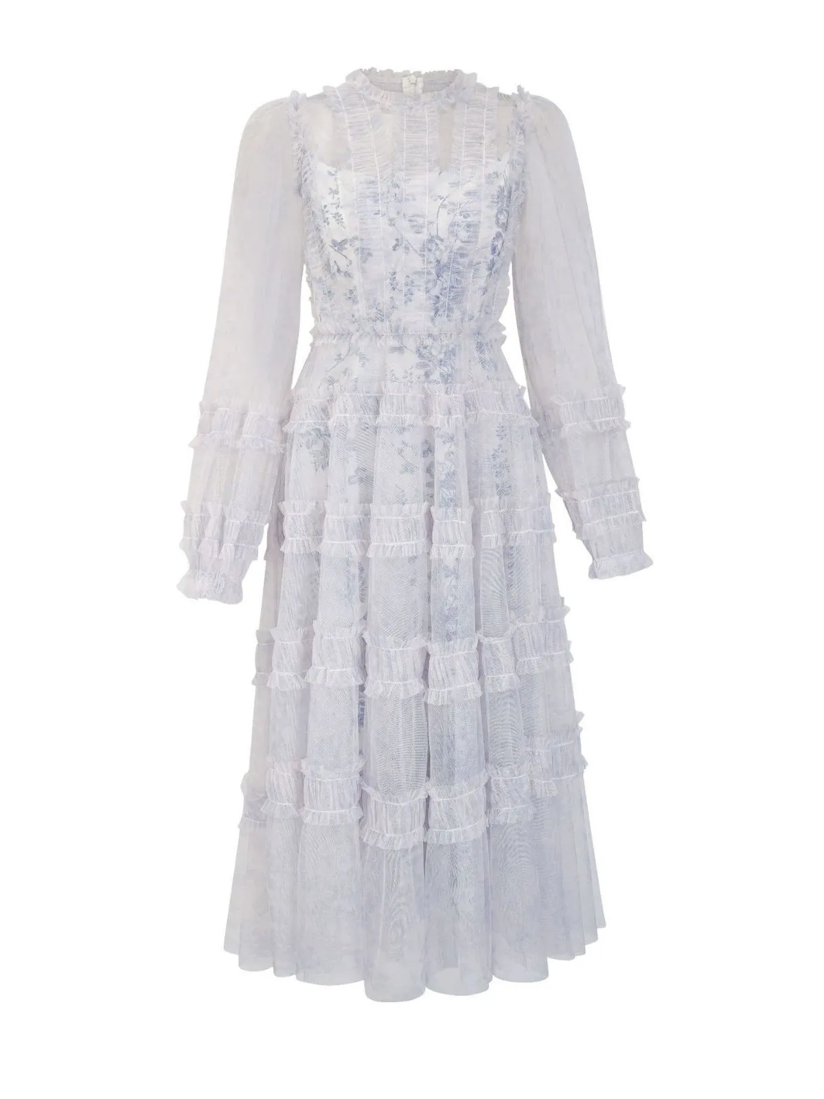 Elegant Long Sleeves Floral Round Neck Grey Ruffles Long Prom Dress