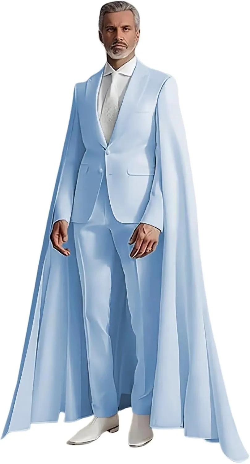 Elegant Men's 2 Pieces Suits with Long Cape Peak Lapel Cloak Blazer Pants Prom Tuxedos for Evening Party