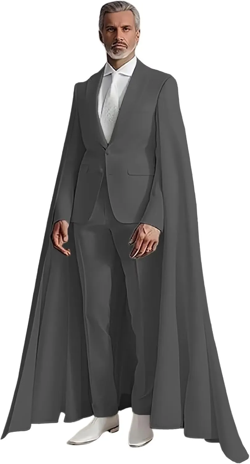 Elegant Men's 2 Pieces Suits with Long Cape Peak Lapel Cloak Blazer Pants Prom Tuxedos for Evening Party