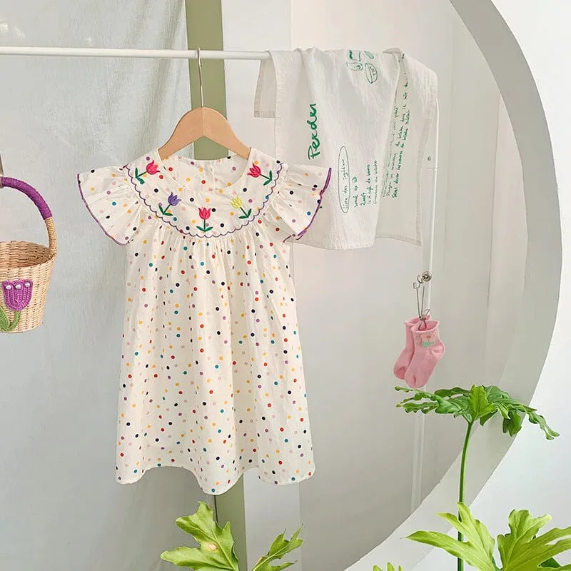 Embroidered Tulip Colorful Polka Dot Dress