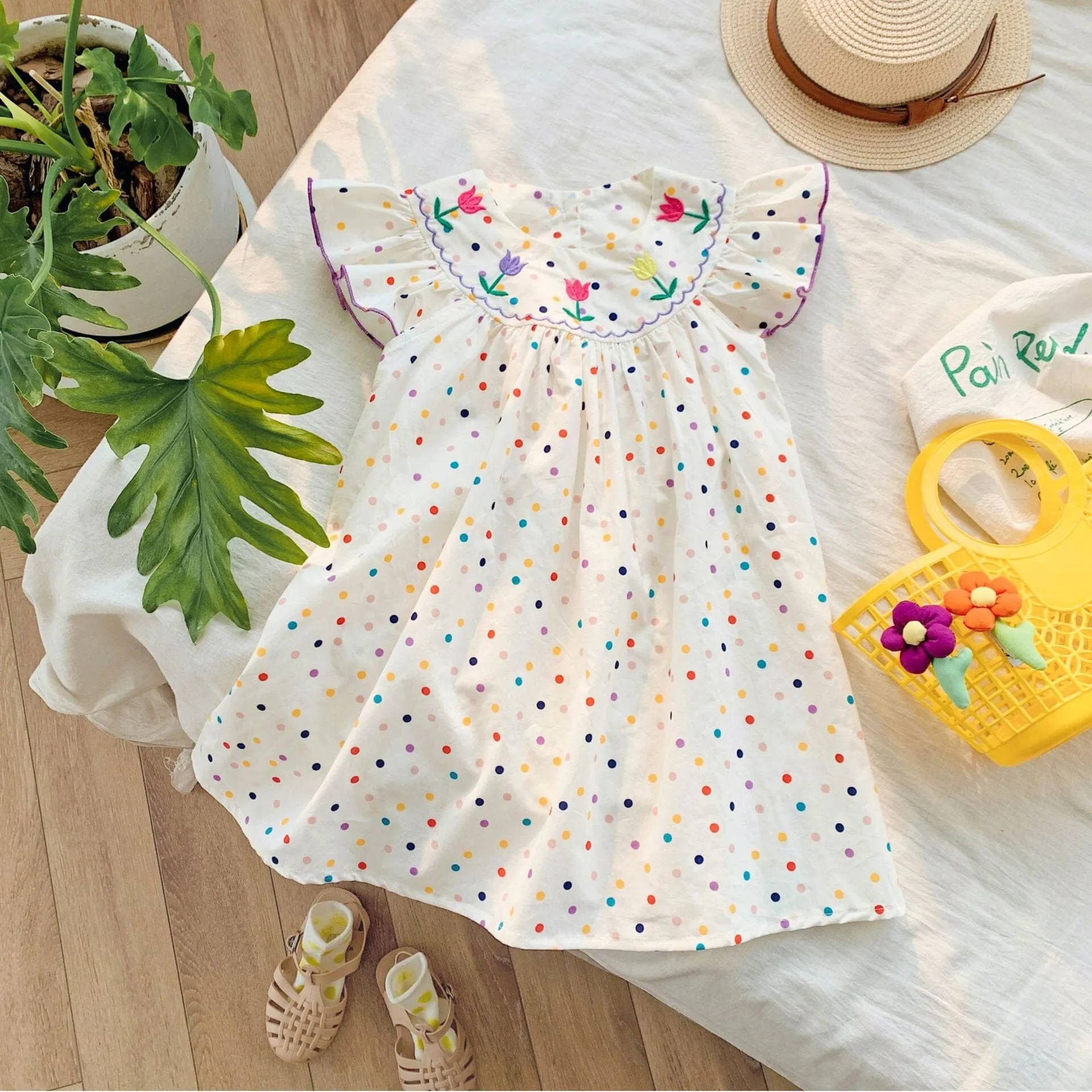Embroidered Tulip Colorful Polka Dot Dress