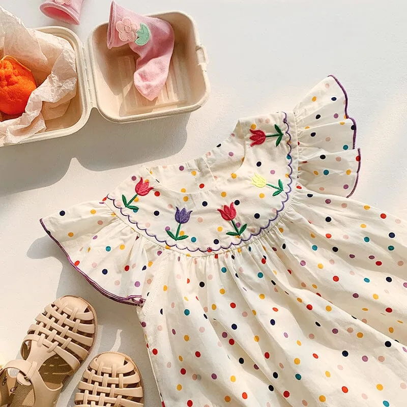 Embroidered Tulip Colorful Polka Dot Dress