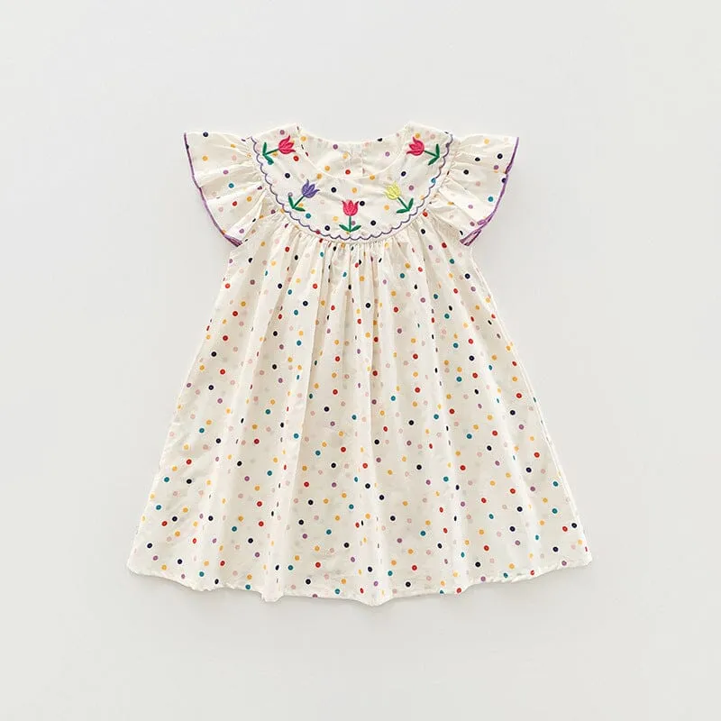 Embroidered Tulip Colorful Polka Dot Dress
