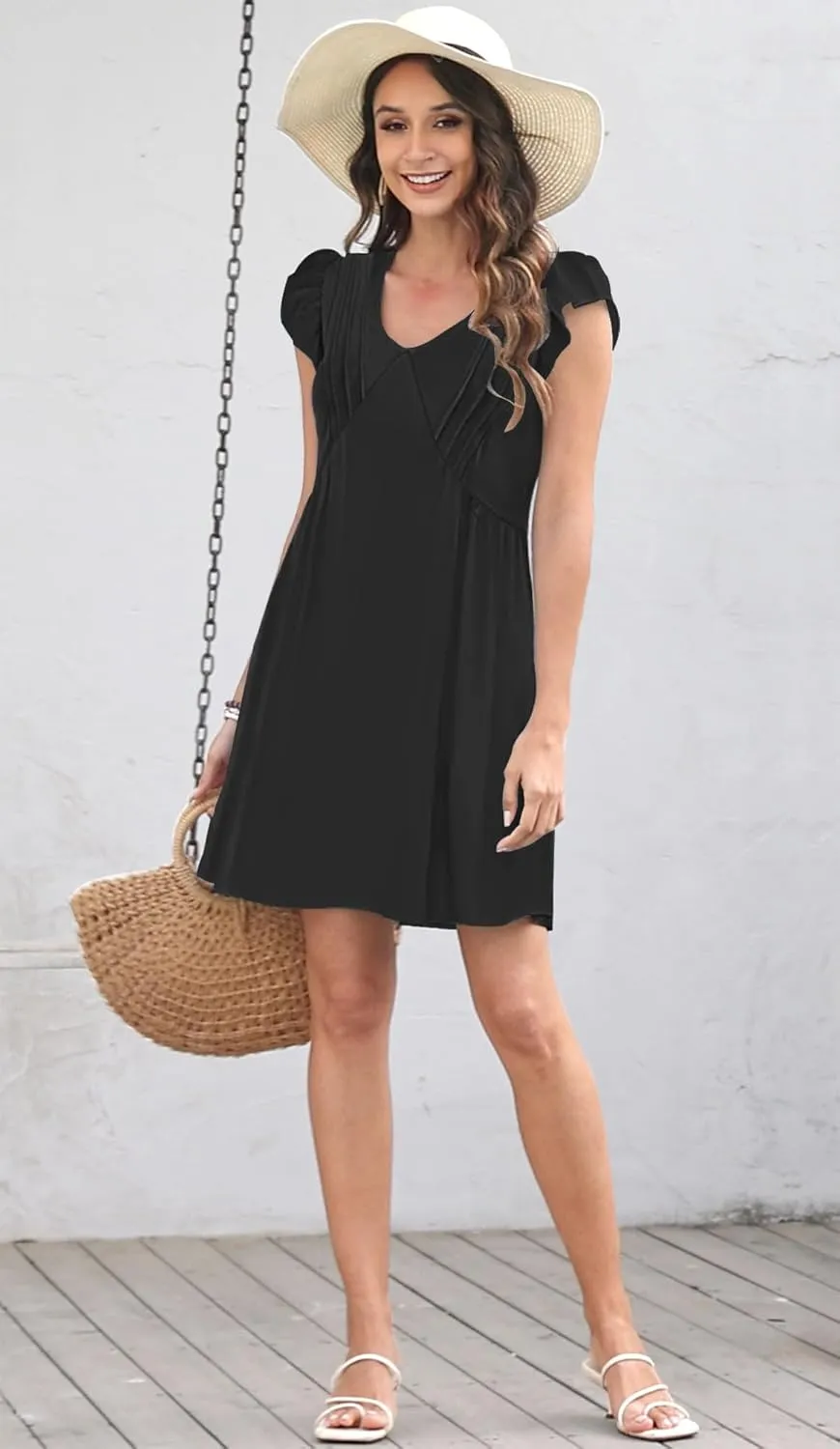 ETCYY Summer Dresses for Women 2025 Beach Casual V Neck Loose Sundress Ruffle Short Sleeve Mini Dress