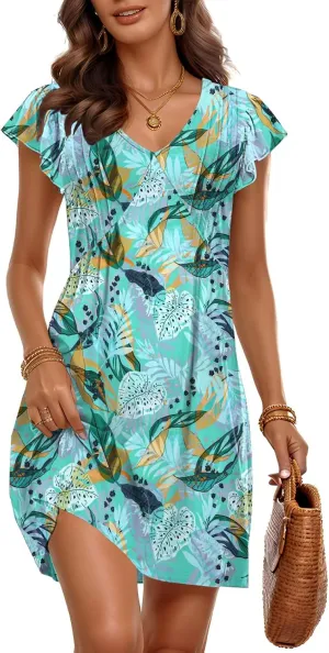 ETCYY Summer Dresses for Women 2025 Beach Casual V Neck Loose Sundress Ruffle Short Sleeve Mini Dress